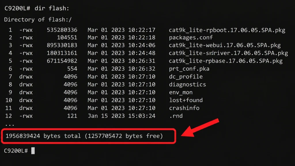 Cisco C9200L check available flash space using dir flash command