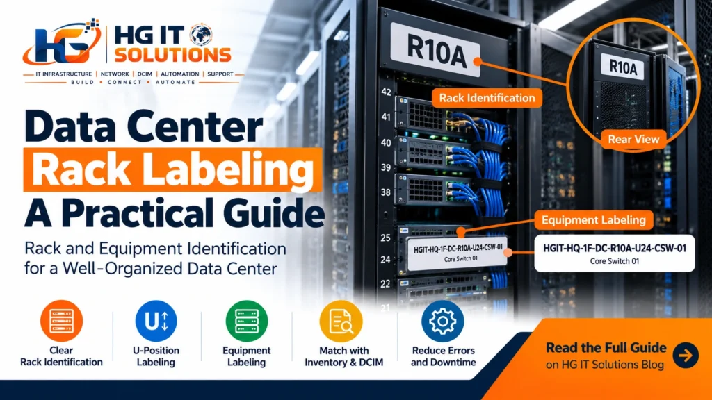 Data center rack labeling guide for rack and equipment identification