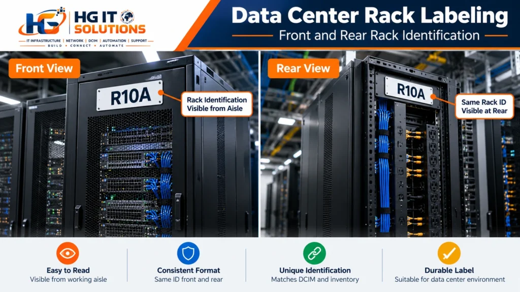 Front and rear data center rack identification using the same R10A rack label