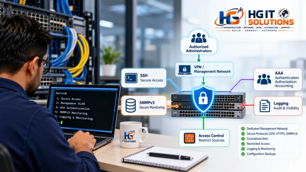 Network device management plane security with SSH SNMPv3 AAA and access control