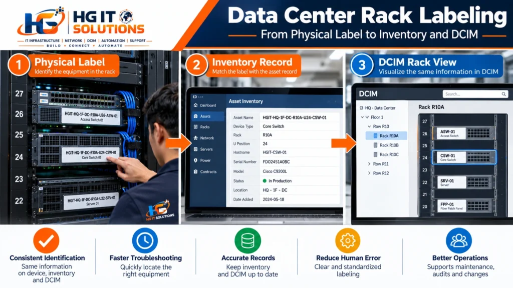 Physical equipment label matched with asset inventory and DCIM rack records
