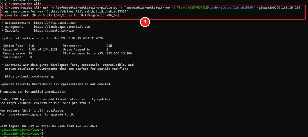 SSH key-based login succeeds for hgitadmin at 192.168.26.200.