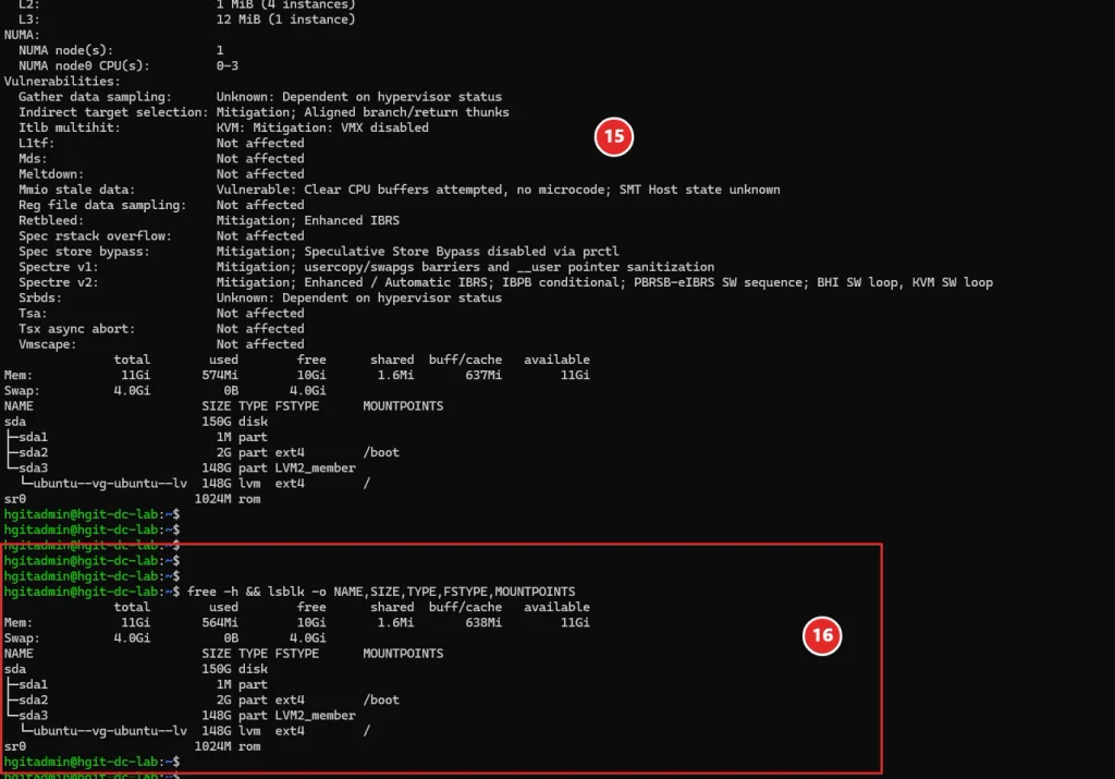 Ubuntu Server 24.04 infrastructure verification showing Linux server hardware, networking and system health checks in HGIT-DC-LAB
