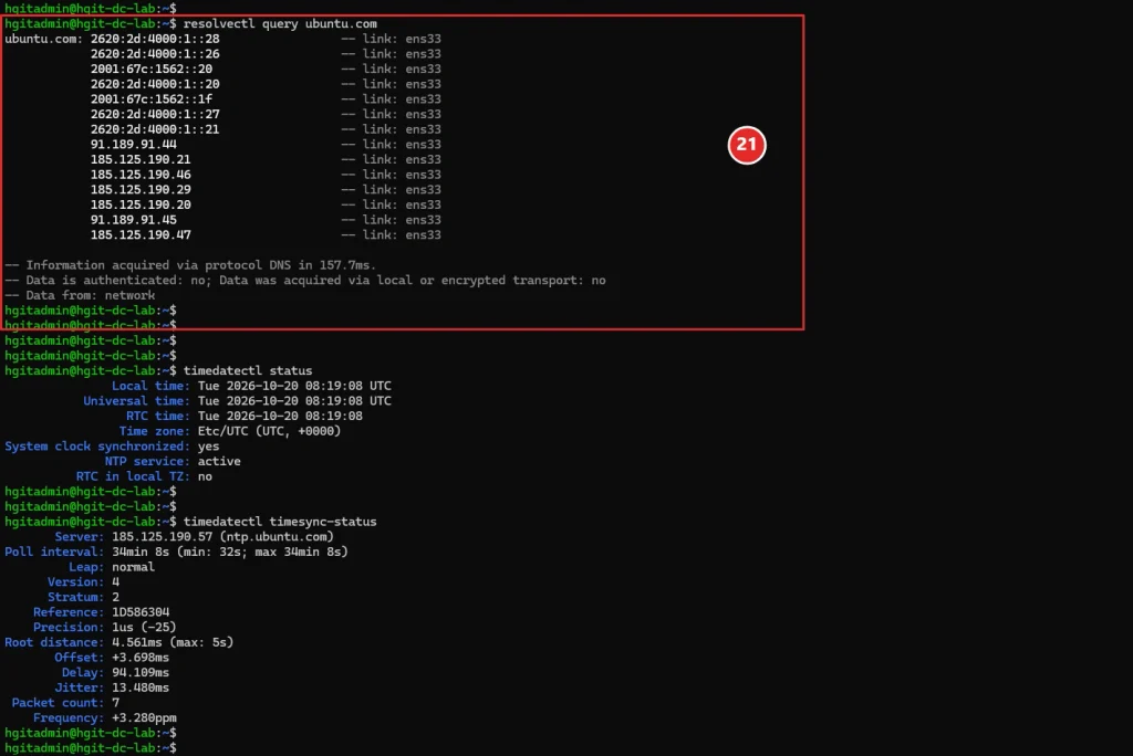 The resolver uses 192.168.26.2 and 1.1.1.1, and resolves ubuntu.com successfully.