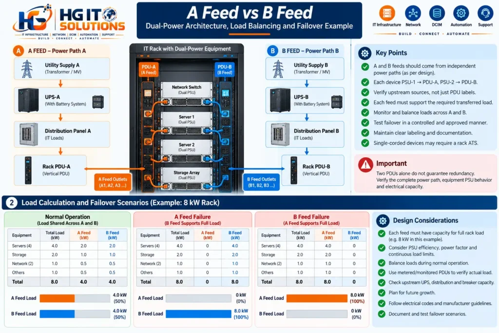A Feed vs B Feed load balancing and failover comparison for an 8kW rack showing 4kW per feed during normal operation and 8kW on the surviving feed.