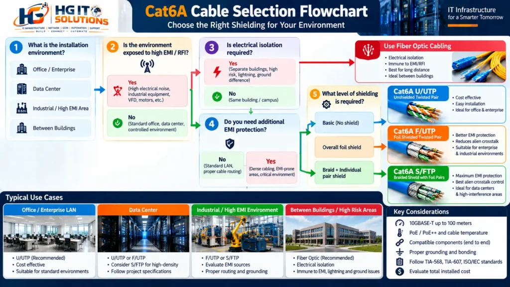 Cat6A U/UTP vs F/UTP vs S/FTP selection flowchart comparing EMI protection, grounding, electrical isolation and enterprise network applications.