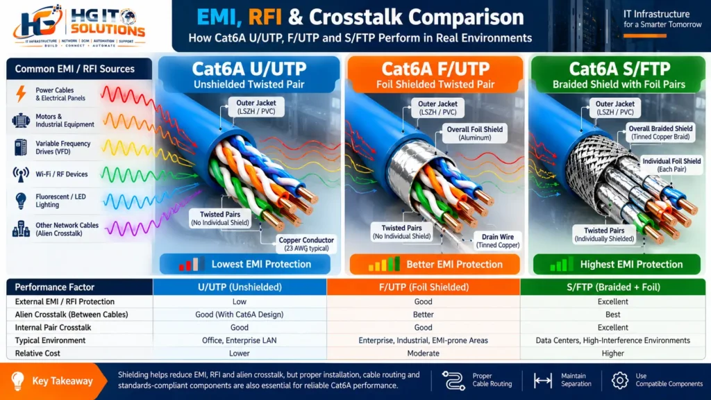 Cat6A U/UTP vs F/UTP vs S/FTP comparison illustrating EMI, RFI and alien crosstalk protection in shielded and unshielded Ethernet cables.