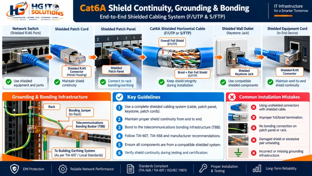 Cat6A F/UTP and S/FTP shield continuity, grounding and bonding diagram showing screened RJ45 connectors, patch panels, network racks and telecommunications bonding infrastructure.