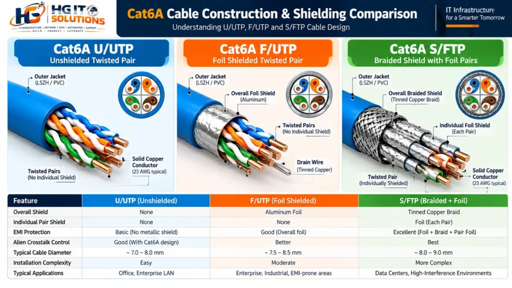 Cat6A U/UTP vs F/UTP vs S/FTP cable construction diagram showing unshielded twisted pairs, overall foil shielding, and braided shielding with individually foil-shielded pairs.
