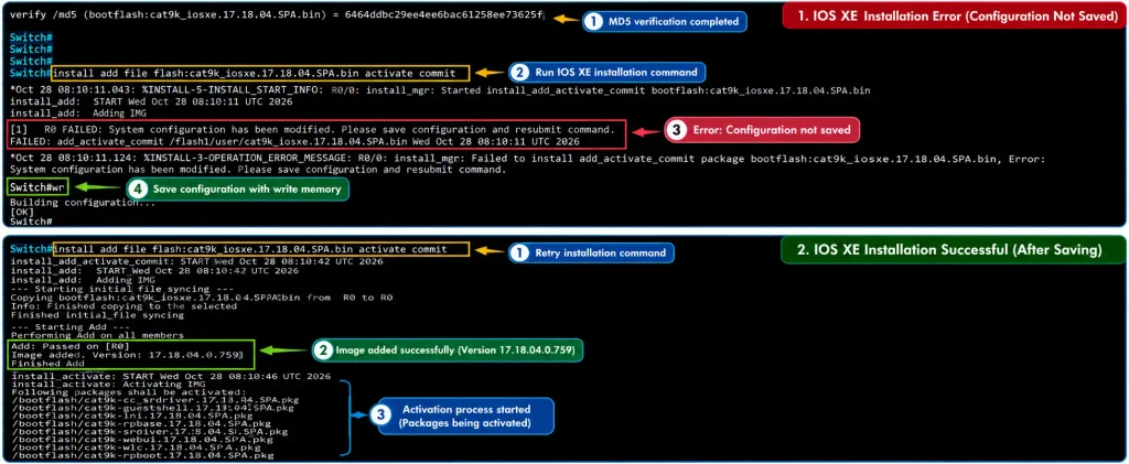 Cisco Catalyst 9500 IOS XE Upgrade error and successful retry after saving configuration