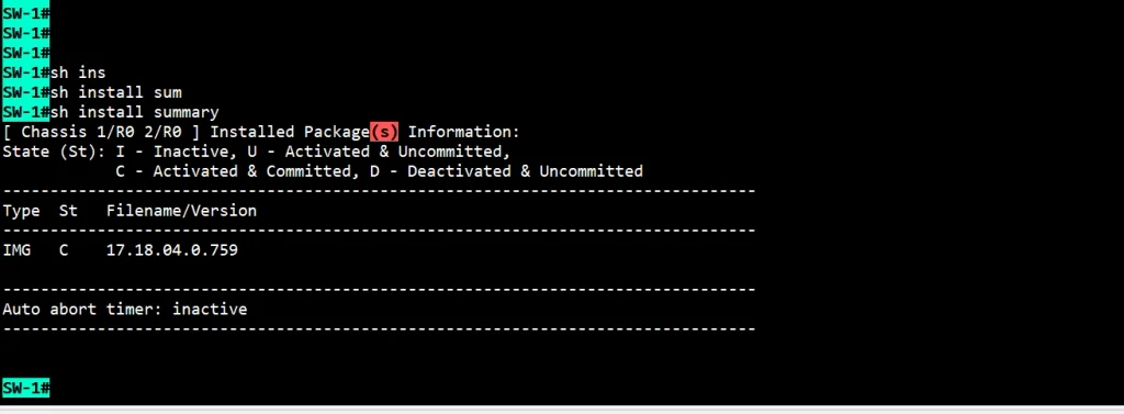 Cisco Catalyst 9500 IOS XE Upgrade verification showing version 17.18.04 activated and committed