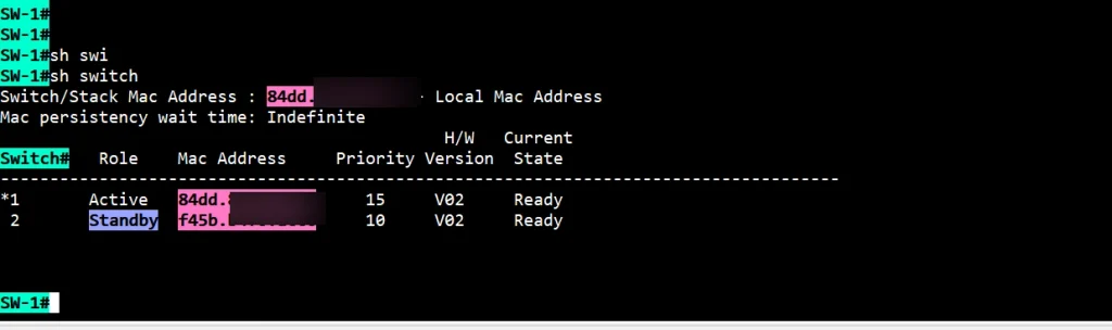 Cisco Catalyst 9500 StackWise Virtual showing Switch 1 Active priority 15 and Switch 2 Standby priority 10, both Ready