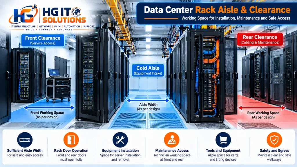 Data center rack aisle clearance for installation and maintenance access