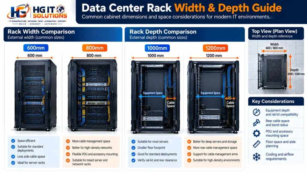 Data center rack width and depth comparison showing 600mm vs 800mm width and 1000mm vs 1200mm depth