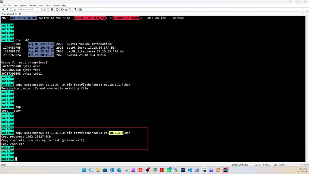 Cisco Nexus 93180YC-FX3 NX-OS upgrade — copy 100 percent and complete