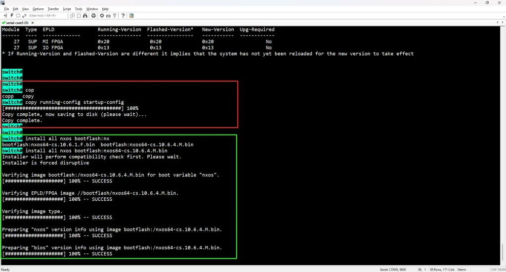 Cisco Nexus 93180YC-FX3 NX-OS upgrade — copy running-config startup-config success