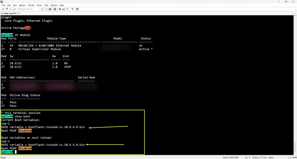 Cisco Nexus 93180YC-FX3 NX-OS upgrade — current and next reload boot variables
