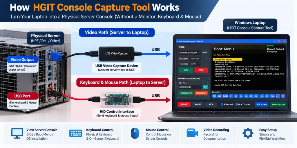 HGIT Console Capture Tool architecture showing separate USB video capture and keyboard mouse HID control paths