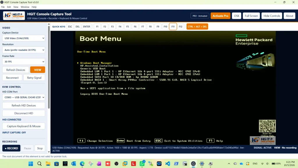 HGIT Console Capture Tool accessing HPE physical server boot menu with HID connected