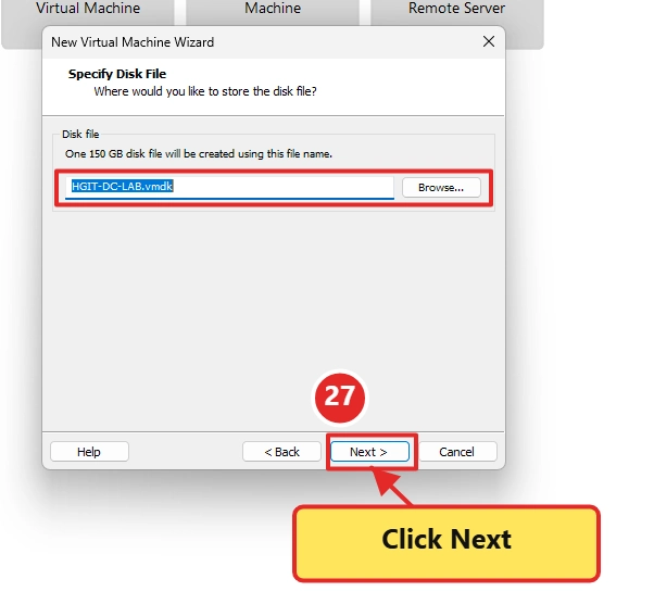 Specify Disk File wizard showing the virtual disk name HGIT-DC-LAB
