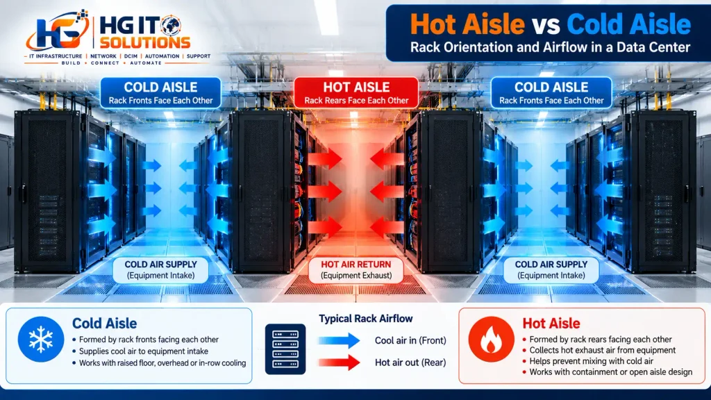 Hot aisle and cold aisle rack orientation and airflow in a data center
