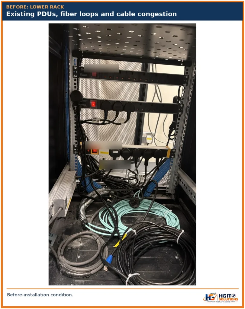 Lower network rack section before UPS installation with PDUs, fiber coils and power cables.
