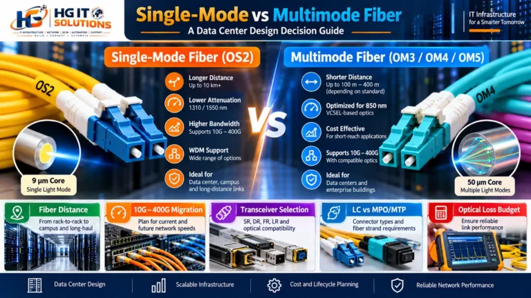 Single-Mode vs Multimode Fiber comparison showing OS2, OM3, OM4 and OM5 cabling for data center network design.