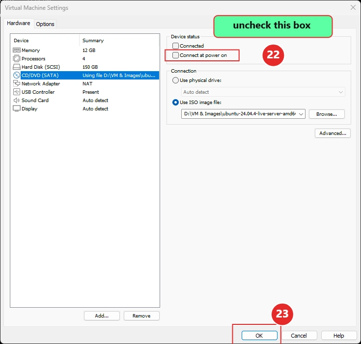 VMware virtual machine settings showing the OK button after CD DVD adjustment
