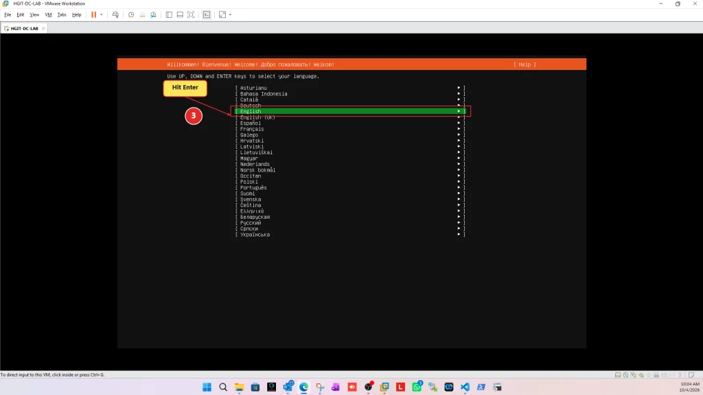 Ubuntu Server 24.04 installer welcome screen with English selected
