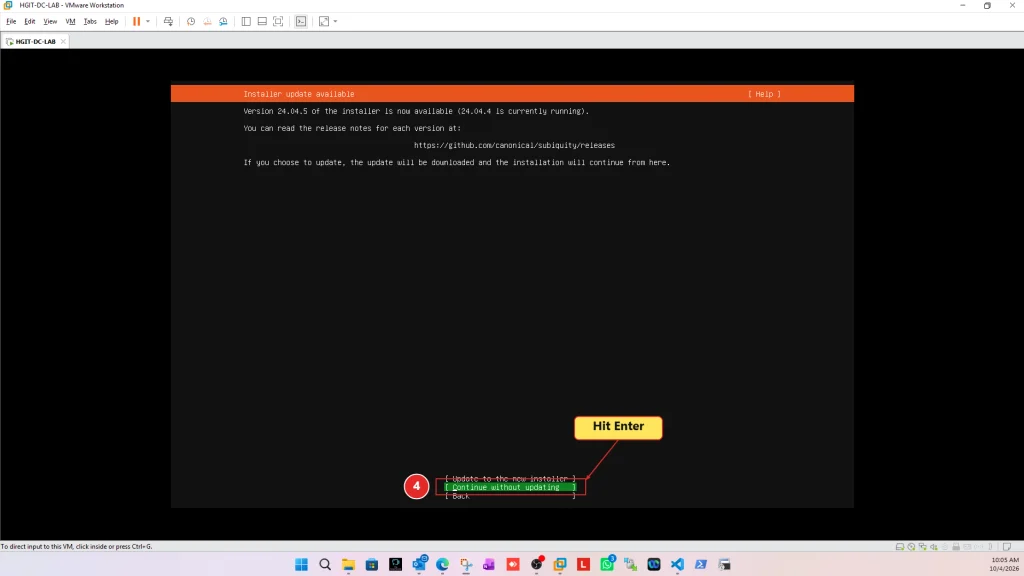Ubuntu Server installer update prompt with Continue without updating selected
