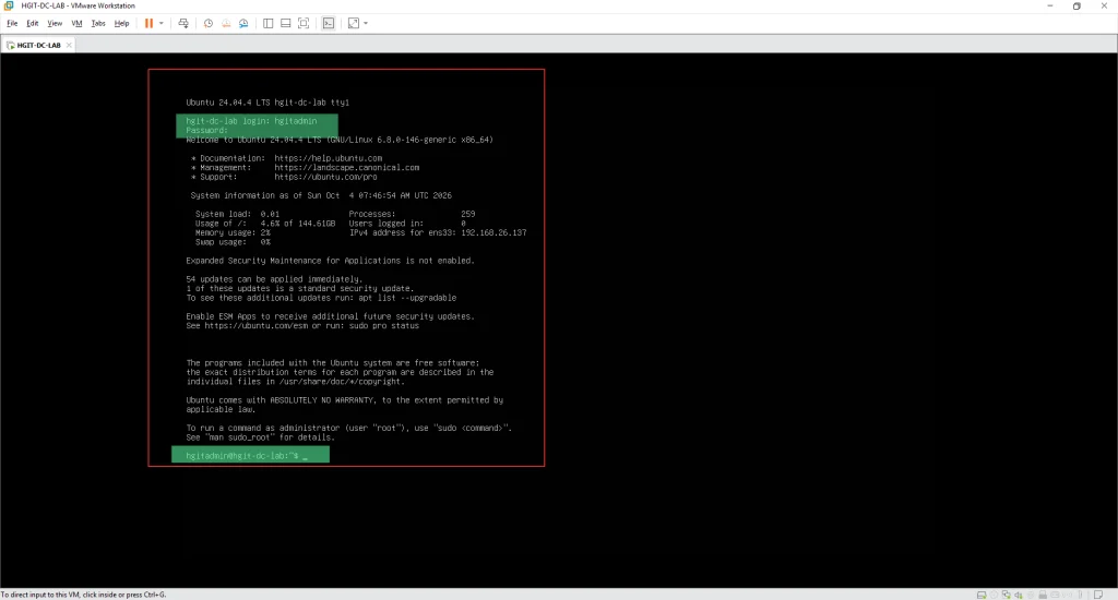 Ubuntu Server 24.04.4 LTS logged in as hgitadmin with ens33 IP address visible