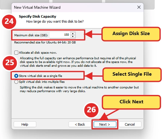 Specify Disk Capacity showing 150 GB, Store virtual disk as a single file, and Allocate all disk space now unchecked

