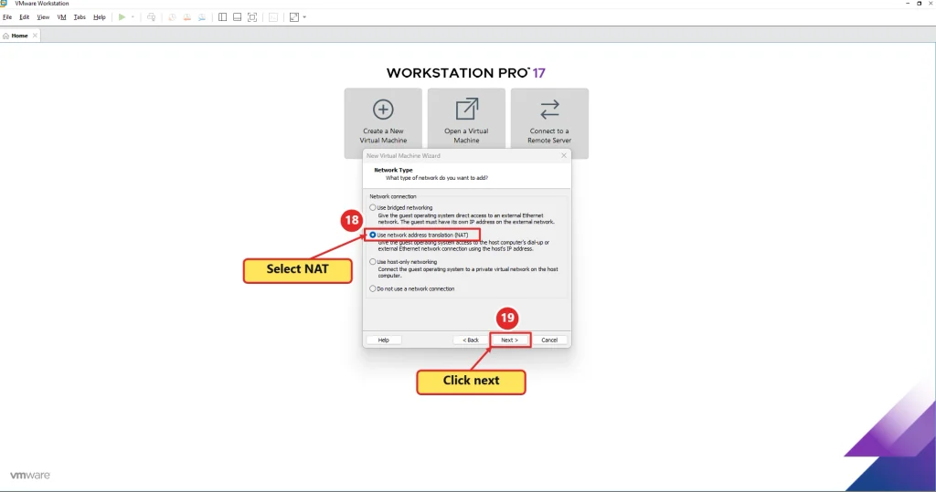 VMware Network Type wizard with Use network address translation NAT selected
