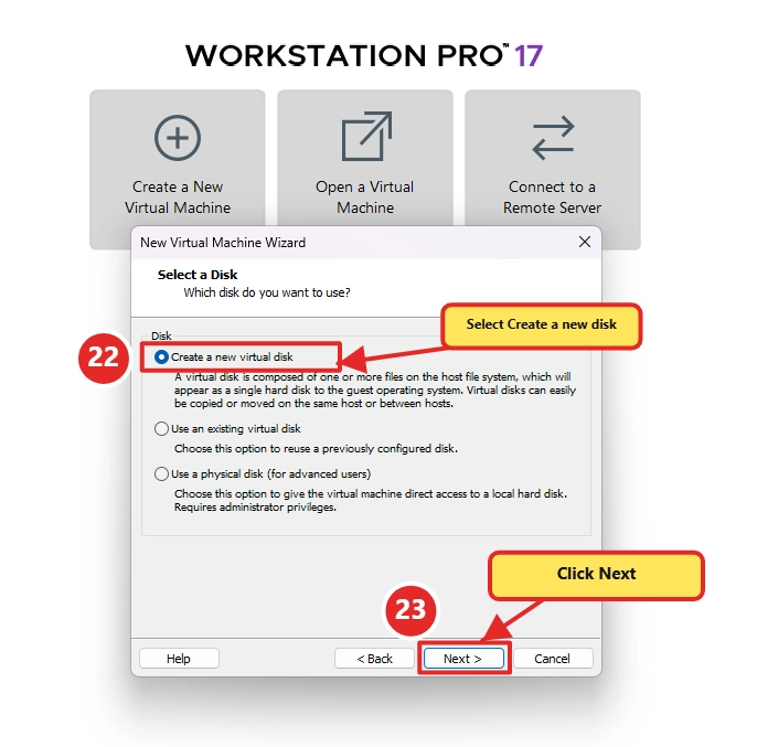 VMware Select a Disk wizard with Create a new virtual disk selected
