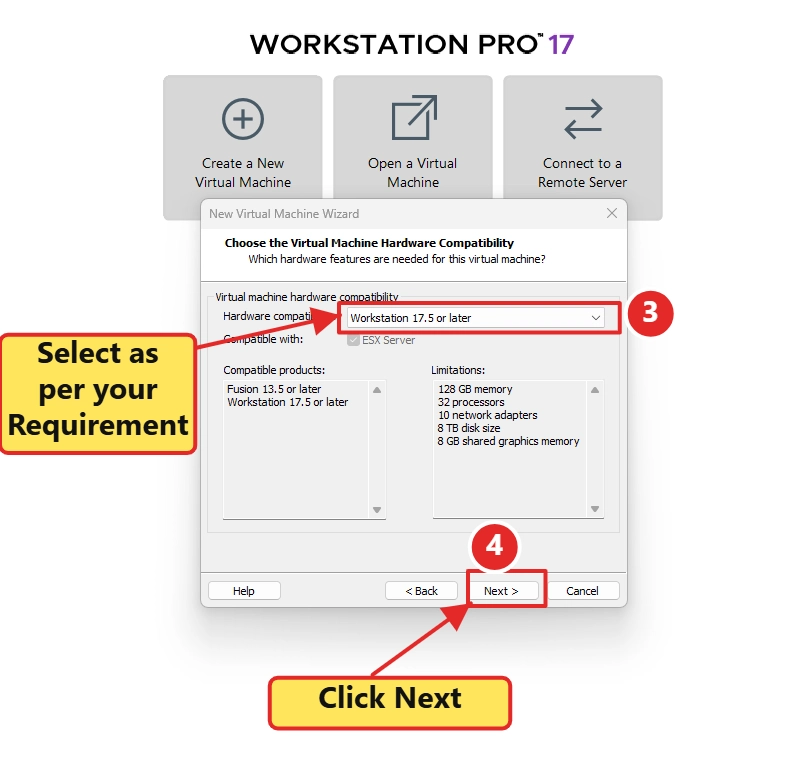 Hardware compatibility dropdown showing Workstation 17
